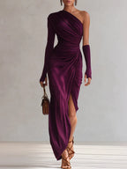 Purple one-shoulder maxi dress with draped ruching, long sleeve, and high slit
