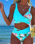 Turquoise floral contrast split bikini with V-neck triangle top and high-cut bottoms