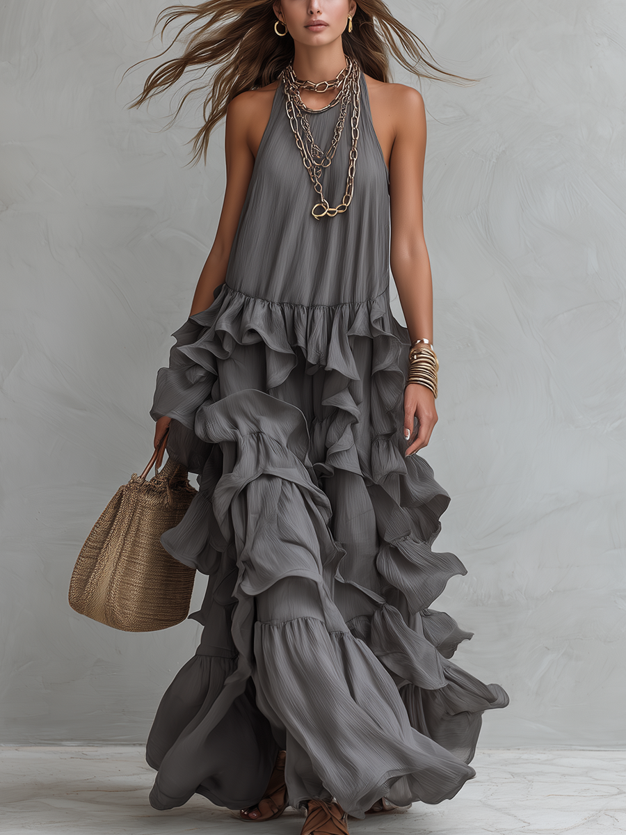Grey halter long dress with layered ruffle skirt