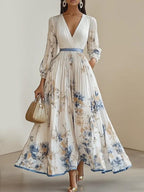White floral pleated chiffon maxi dress, V-neck, long balloon sleeves, A-line