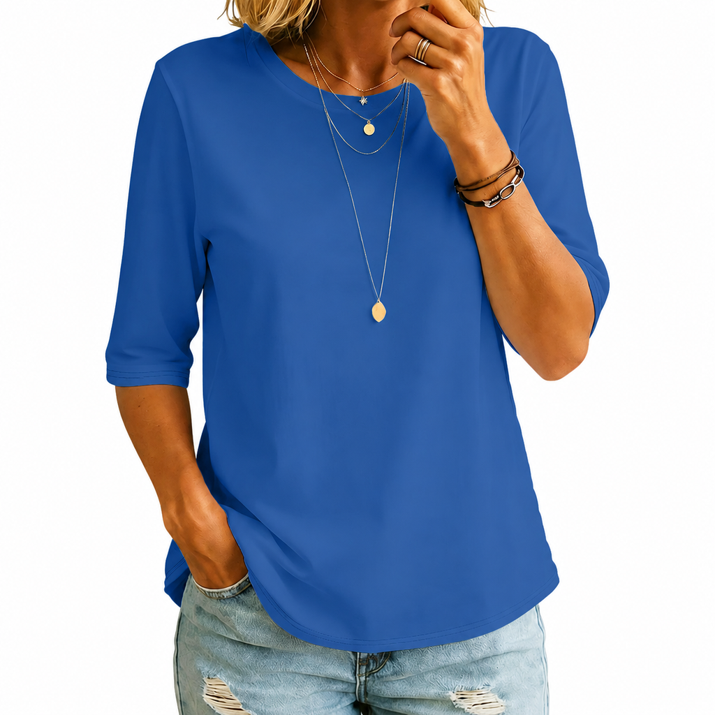 Royal blue comfort-coverage tee with three-quarter sleeves
