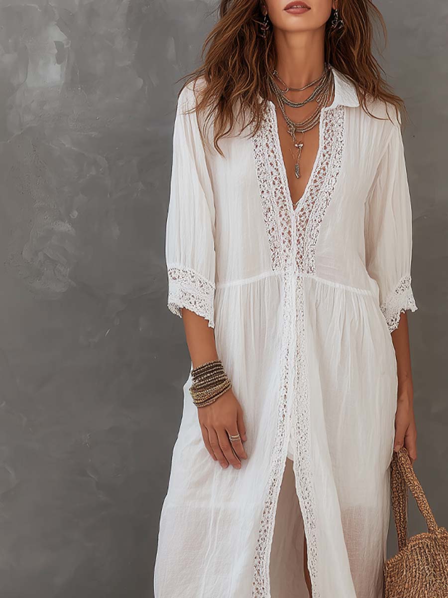 White lace-trim V-neck midi dress with three-quarter sleeve lace details