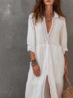 White lace-trim V-neck midi dress with three-quarter sleeve lace details