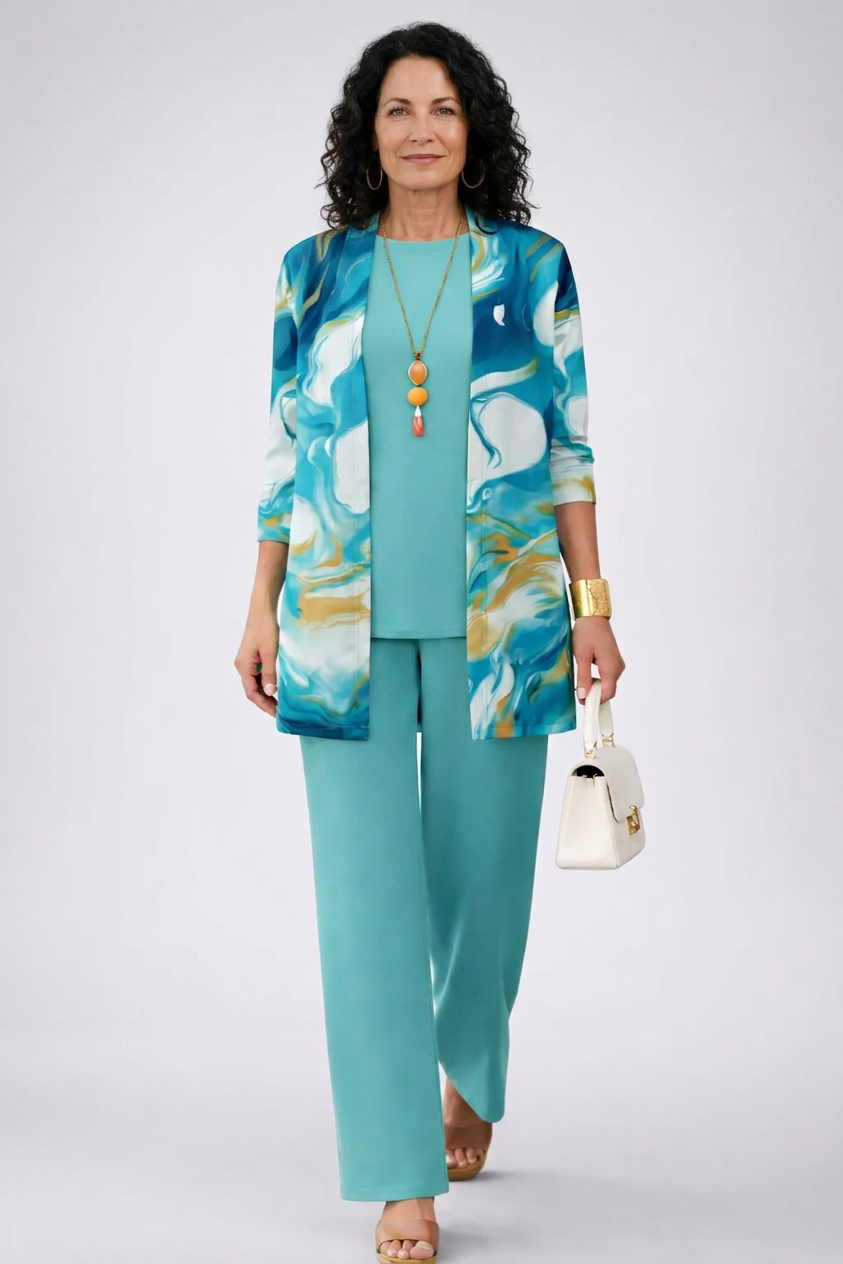 Blue 3-piece set with patterned kimono jacket, teal top and matching wide-leg trousers