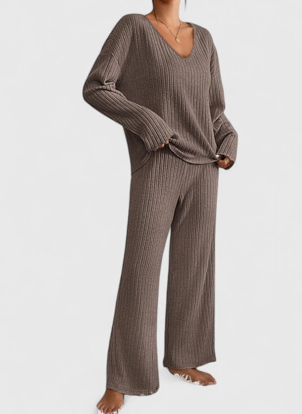 Brown ribbed knit V-neck long-sleeve top and wide-leg pants matching set