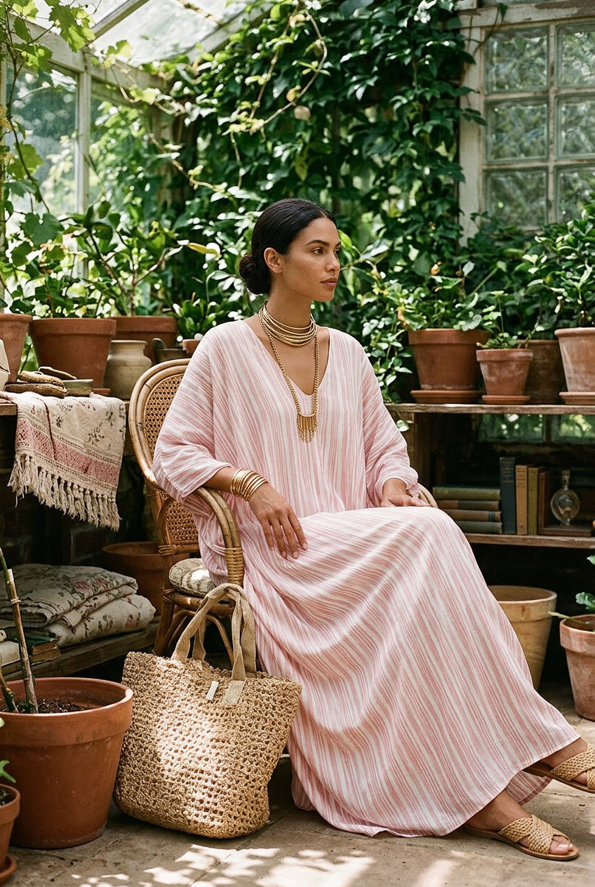 Soft pink striped kaftan dress with V-neck and draped sleeves, long maxi length