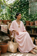Soft pink striped kaftan dress with V-neck and draped sleeves, long maxi length