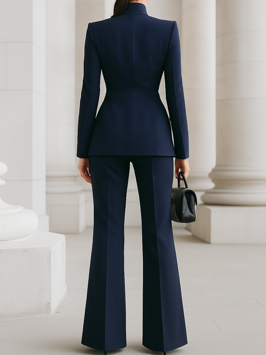 Navy tailored blazer and wide-leg trousers set, back view
