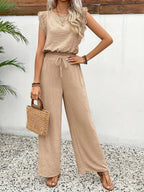 Beige sleeveless lace-trim top and wide-leg pants set with drawstring waist