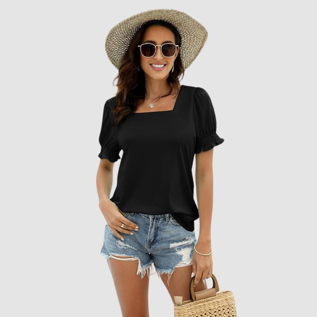 Square-neck blouse in black with puff sleeves and gathered cuffs