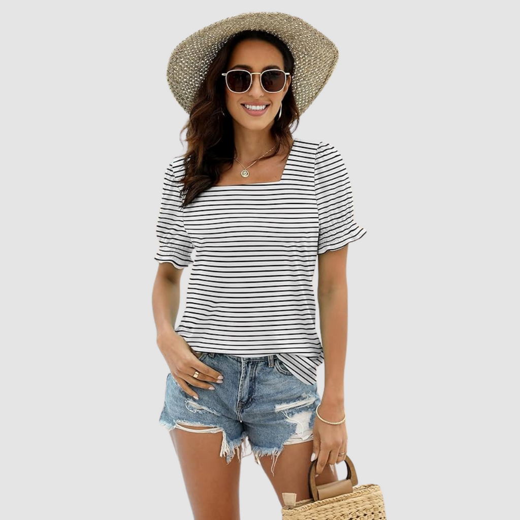 Square-neck striped top with short flutter sleeves, white with black horizontal stripes