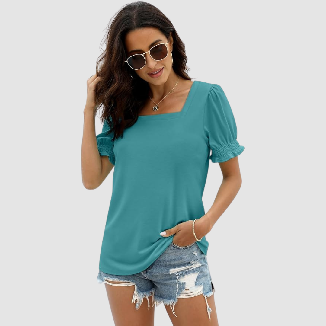 Square-neck blouse in teal with puff sleeves and gathered cuffs