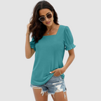 Square-neck blouse in teal with puff sleeves and gathered cuffs