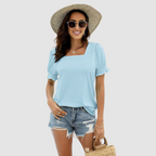 Square-neck striped top with short flutter sleeves, light blue-and-white stripes