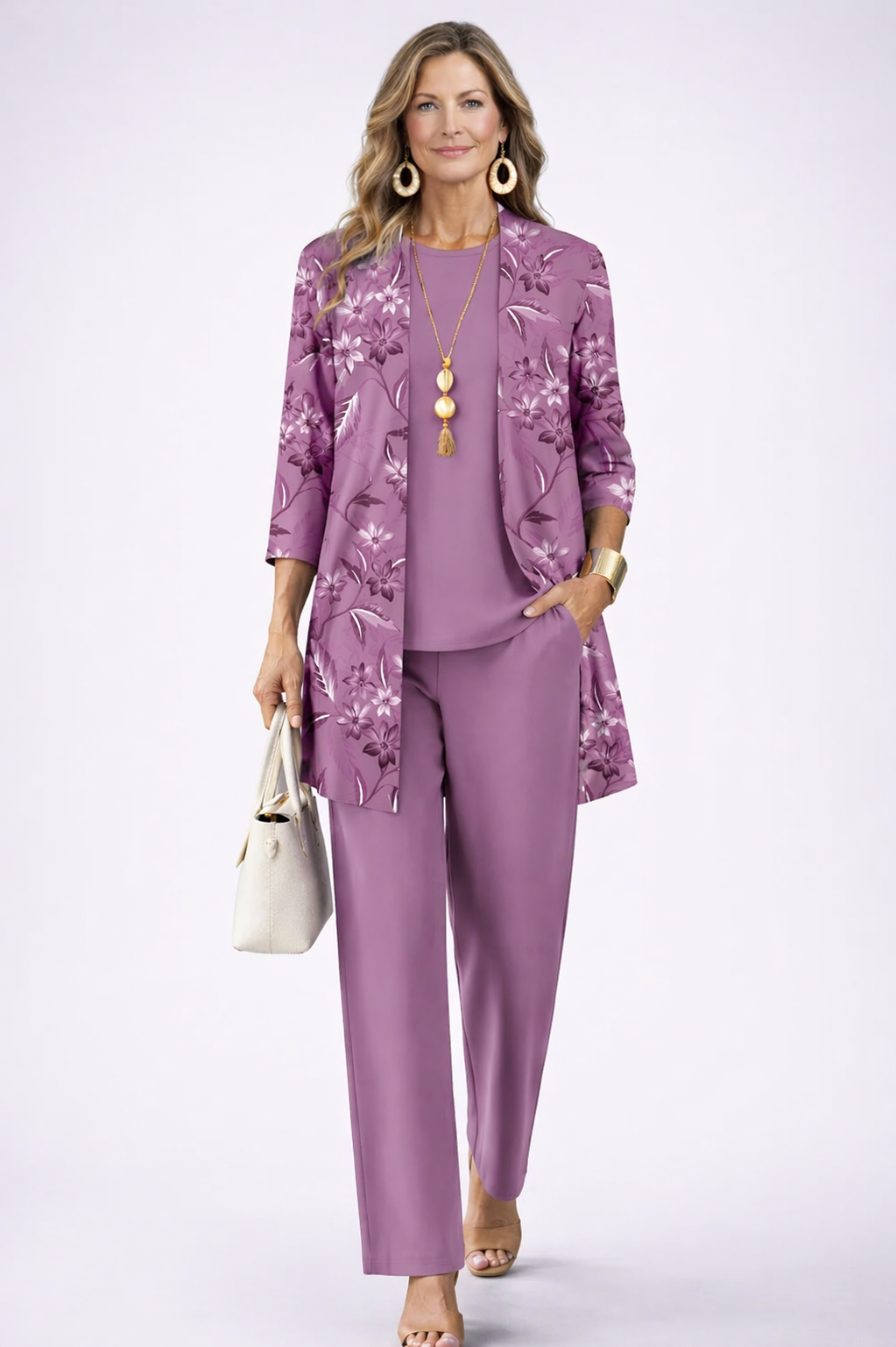 Purple 3-piece set: floral jacket, matching top, and straight trousers