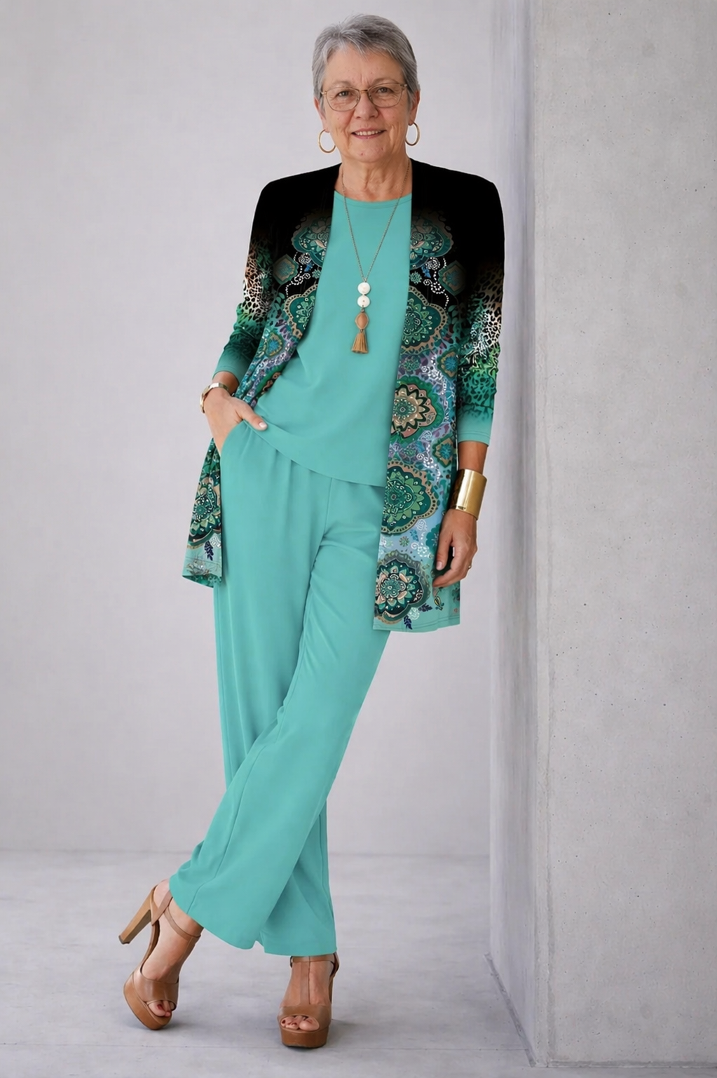 Teal green 3-piece set with patterned open jacket, layered top, wide-leg trousers