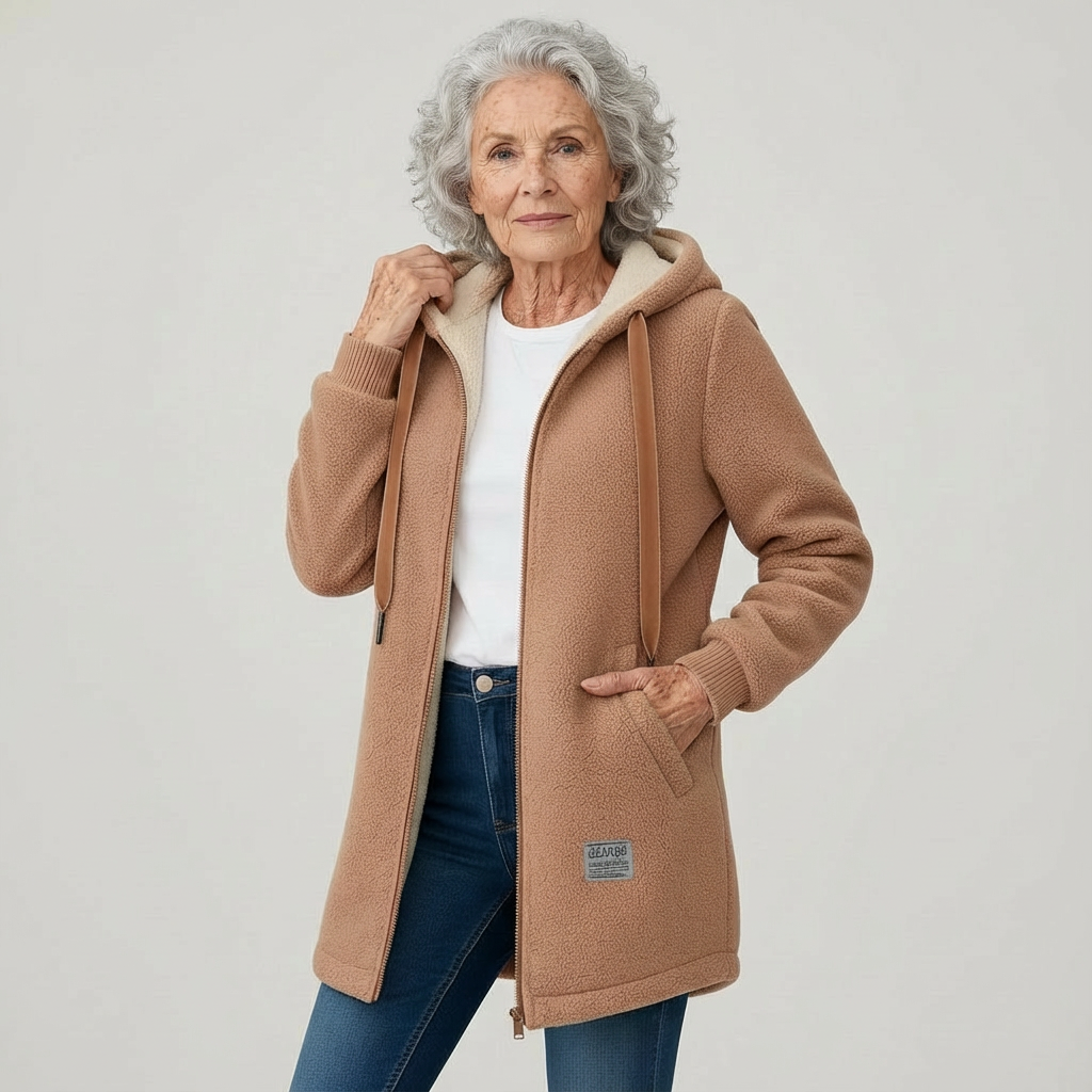 Tan hooded fleece jacket, full-zip front with drawstring and side pockets