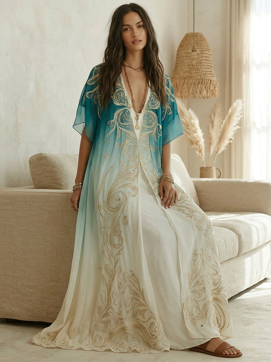 Kaftan maxi dress in aqua and cream with detailed gold embroidery and loose long silhouette