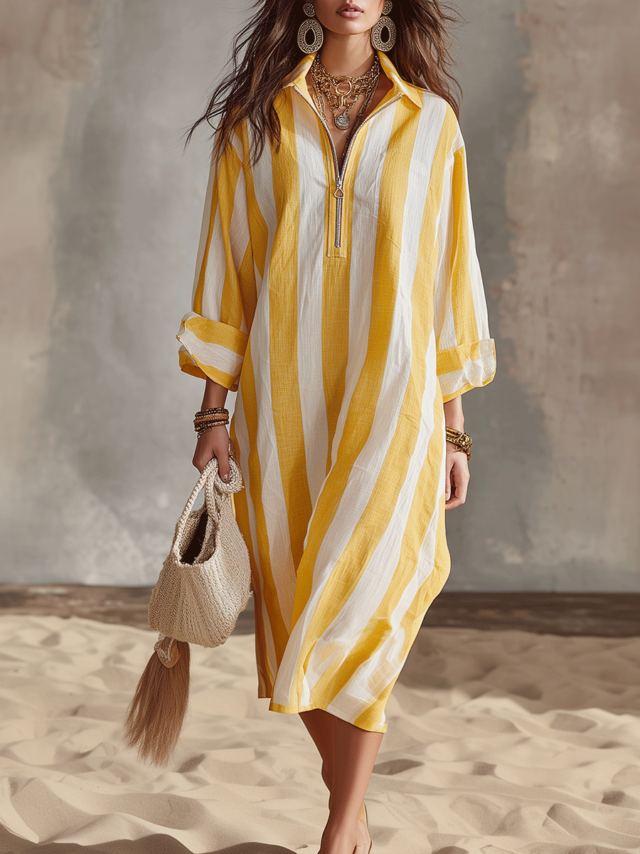 Yellow and white striped midi dress with zip-front, relaxed fit, rolled sleeves