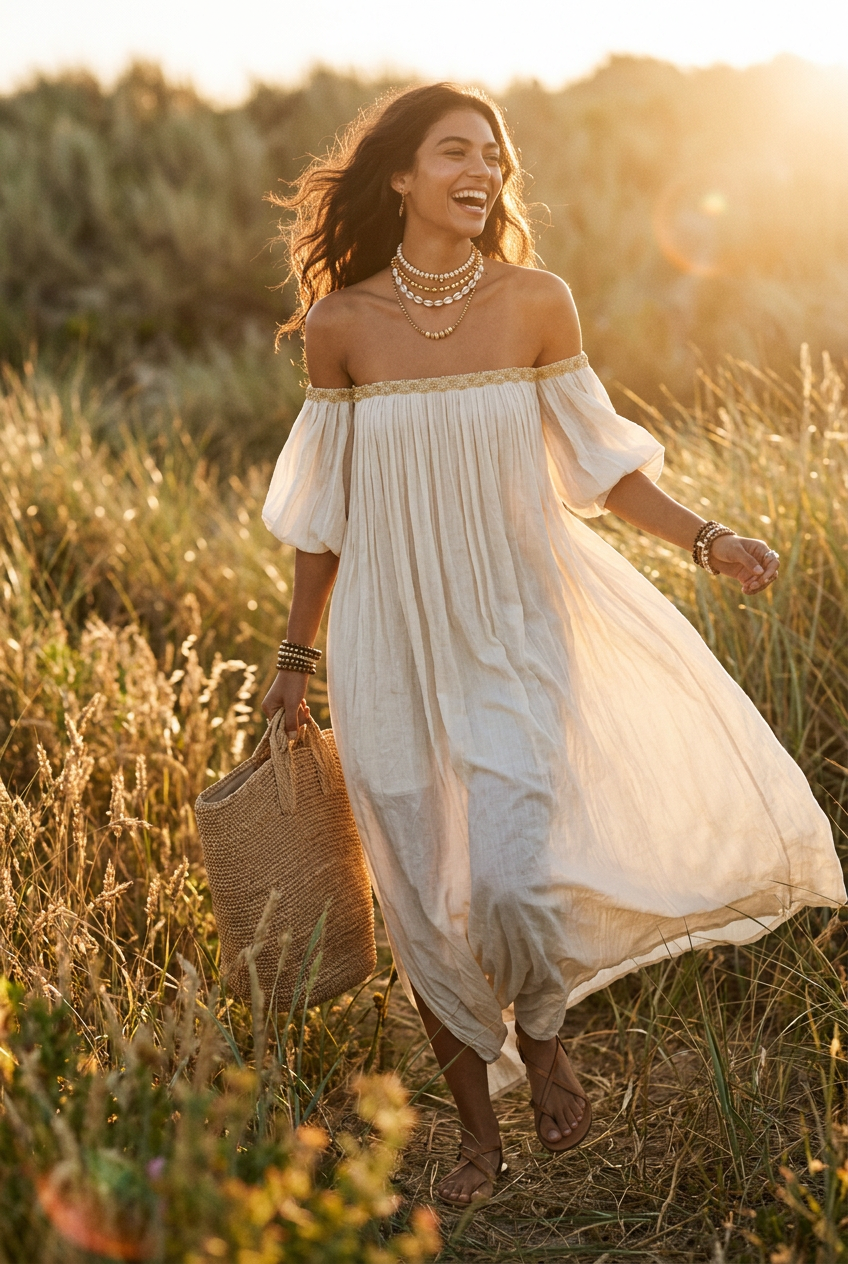 Ivory off-shoulder pleated maxi dress with airy drape and bracelet-length puff sleeves