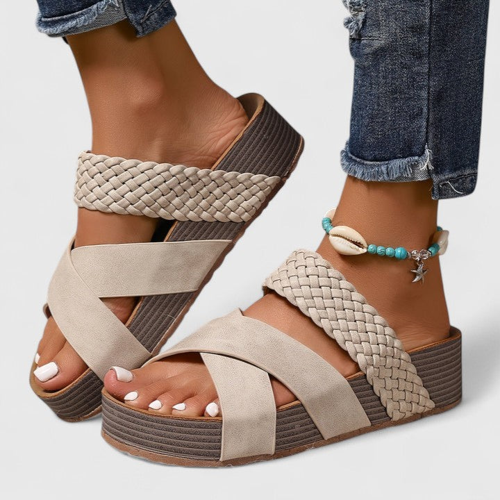 Sand orthopedic sandals with woven ankle strap and slingback crossover wedge
