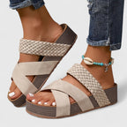 Sand orthopedic sandals with woven ankle strap and slingback crossover wedge