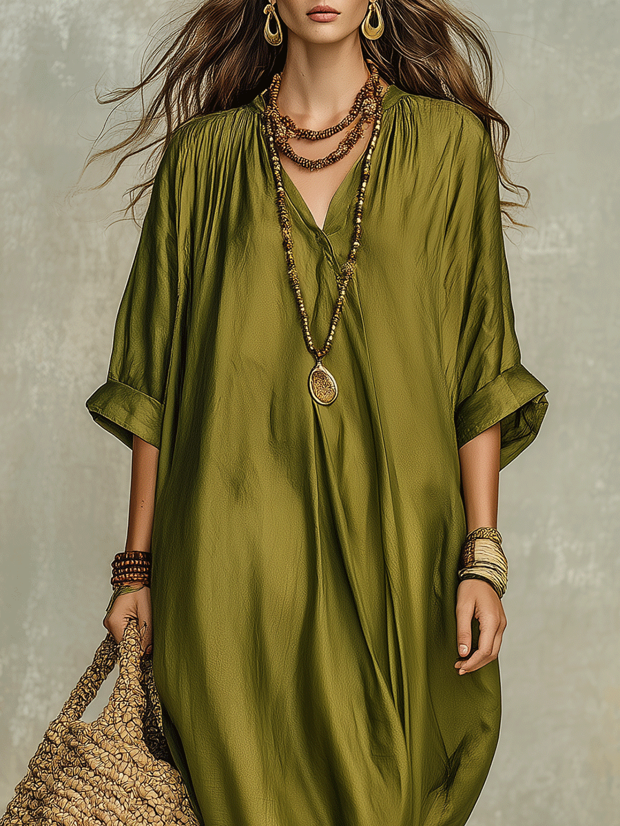 Olive green bohemian maxi dress, gathered neckline and loose billowy sleeves