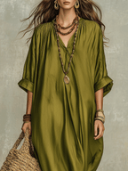 Olive green bohemian maxi dress, gathered neckline and loose billowy sleeves