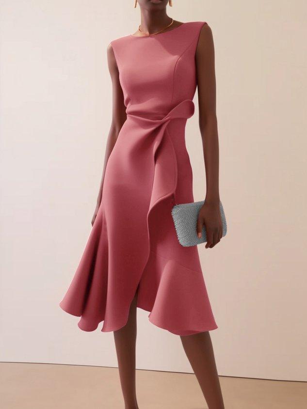 Sleeveless pink midi A-line dress with waist twist and flared skirt