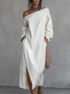 White one-shoulder midi dress with split hem, loose cotton-linen drape