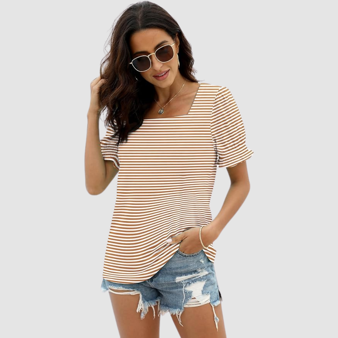 Square-neck striped top with short flutter sleeves, orange-and-white stripe design