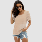 Square-neck striped top with short flutter sleeves, orange-and-white stripe design