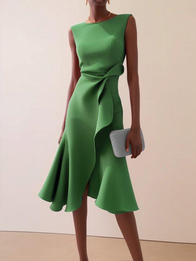 Green sleeveless midi A-line dress with waist twist detail