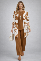 Brown 3-piece set with floral long tunic, solid top, and matching pants