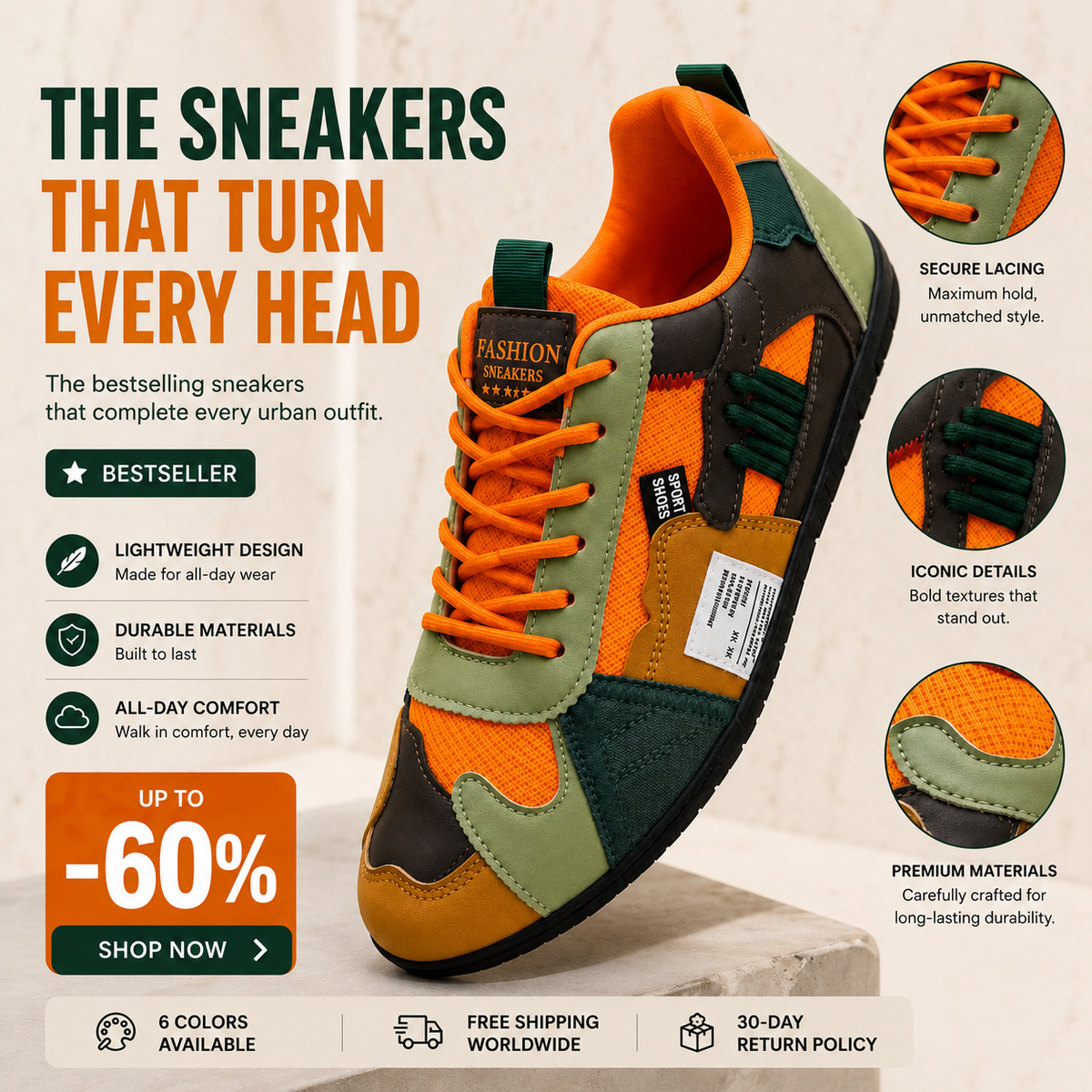 Colorful retro sneaker with orange laces, orange and green panels, and white side trim