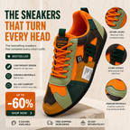 Colorful retro sneaker with orange laces, orange and green panels, and white side trim