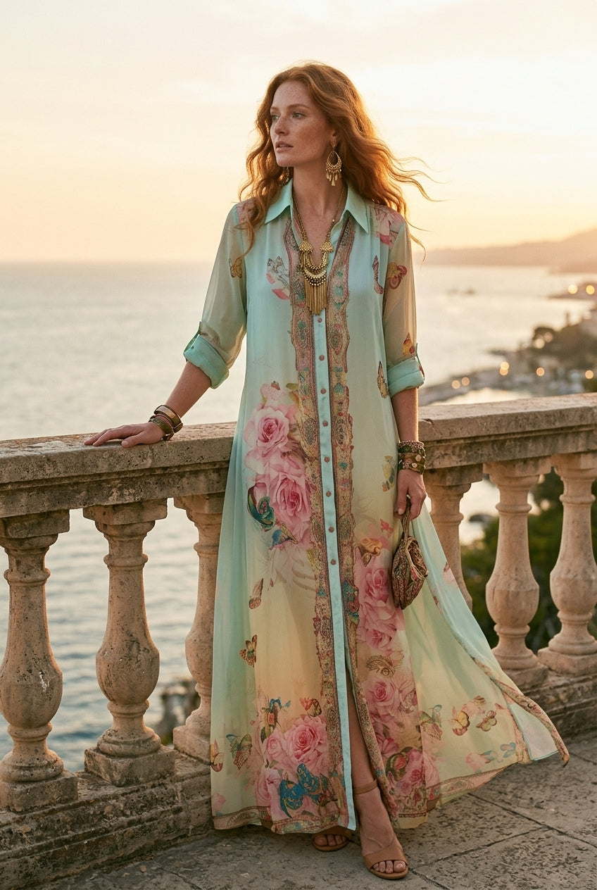 Mint green chiffon floral maxi dress with V-neck, three-quarter sleeves, flowing hem