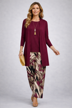 Women's purple 3-piece set: long cardigan, purple top, patterned wide-leg pants.