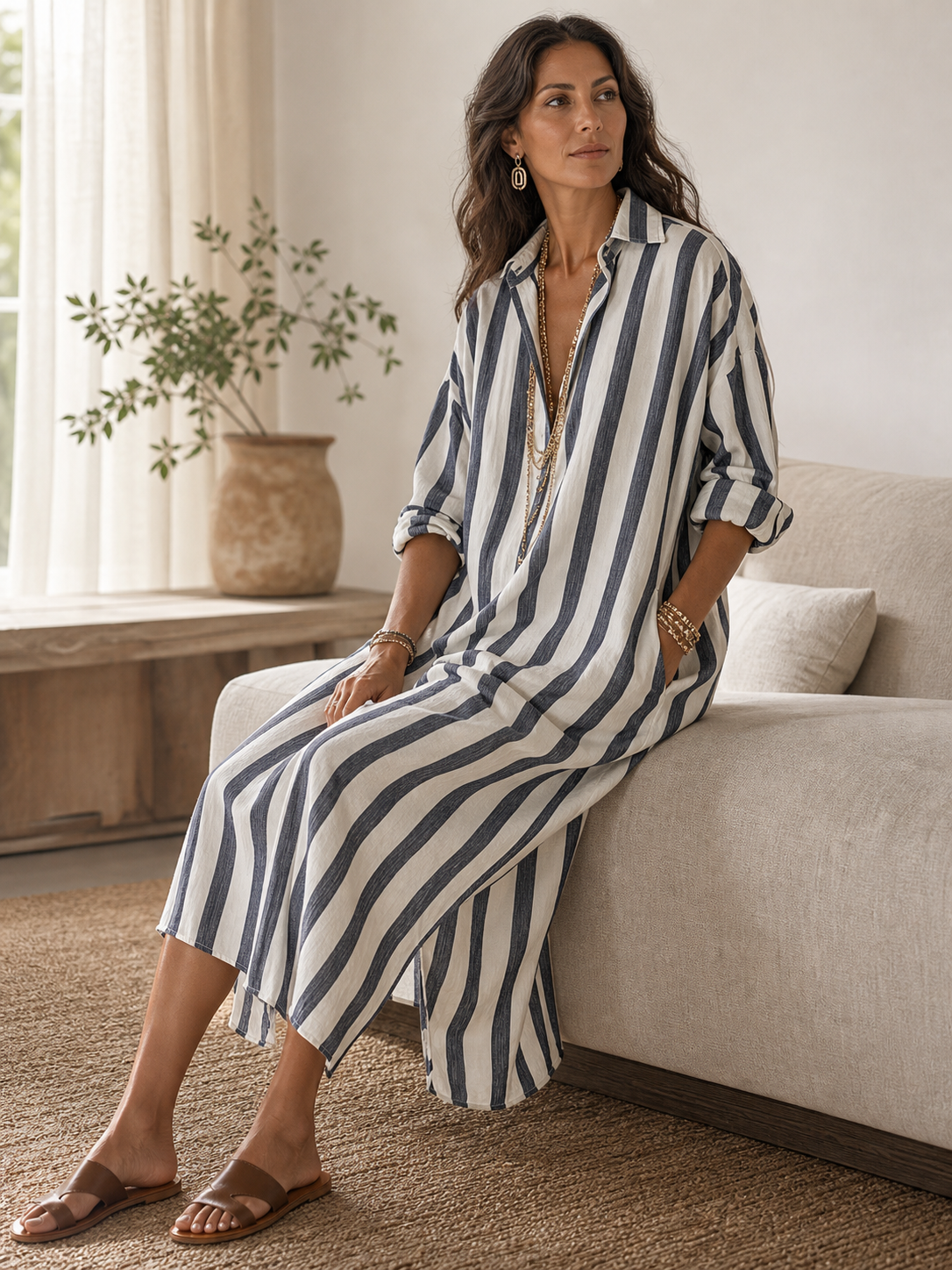 Striped maxi dress in blue and off-white, V-neck, button placket, three-quarter sleeves