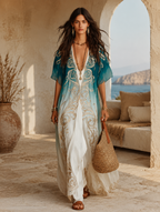 Aqua ombre kaftan maxi dress with V-neck and ornate gold embroidery, floor-length hem