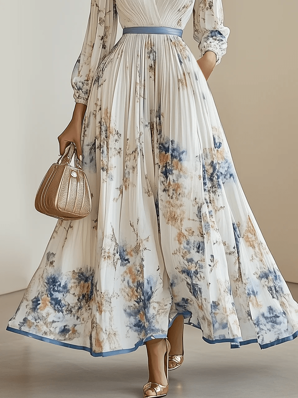 Floral pleated maxi dress with V-neck, long balloon sleeves, A-line hem