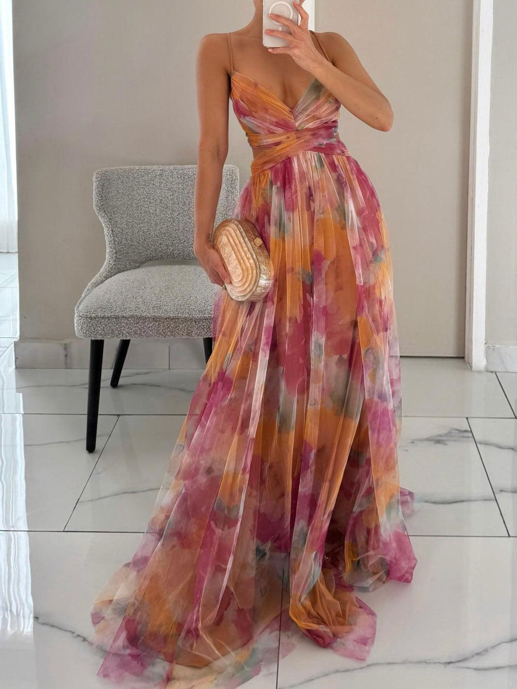 Maxi A-line V-neck dress with multicolor painted floral print and spaghetti straps