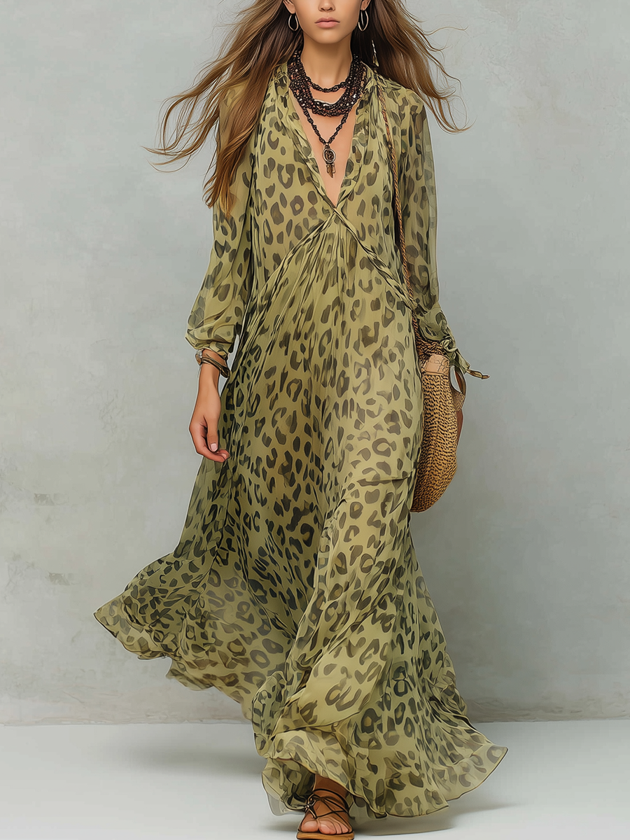 Olive green leopard print chiffon boho dress with V-neck, long sleeves, tiered hem