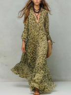 Olive green leopard print chiffon boho dress with V-neck, long sleeves, tiered hem