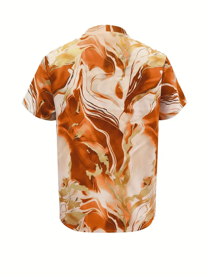 Marble print short sleeve shirt, orange marble pattern on cream, V-neck back view