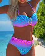 Halter neck leopard print gradient swimsuit set, blue to purple with ring accent and matching bottoms