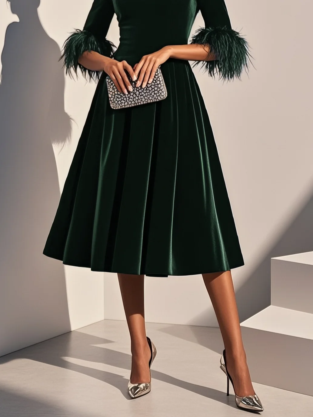 Green velvet A-line midi dress with pleated skirt, round neck, feather-trim sleeves