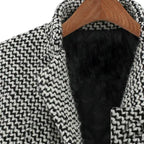 Houndstooth coat with cozy knit texture and black-lined inner collar