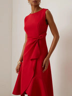 Sleeveless red midi A-line dress with twisted waist detail and scoop neckline