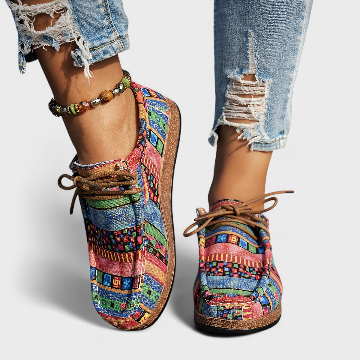Seryphina™ orthopedic sneakers, multicolor patchwork uppers, brown lace-up with textured sole